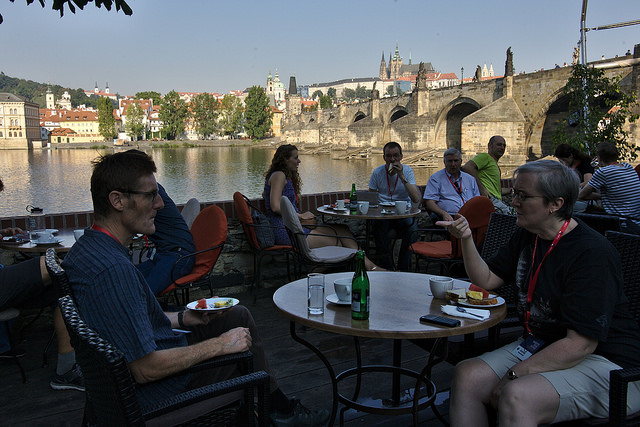 Conference's attendees hanging out outside